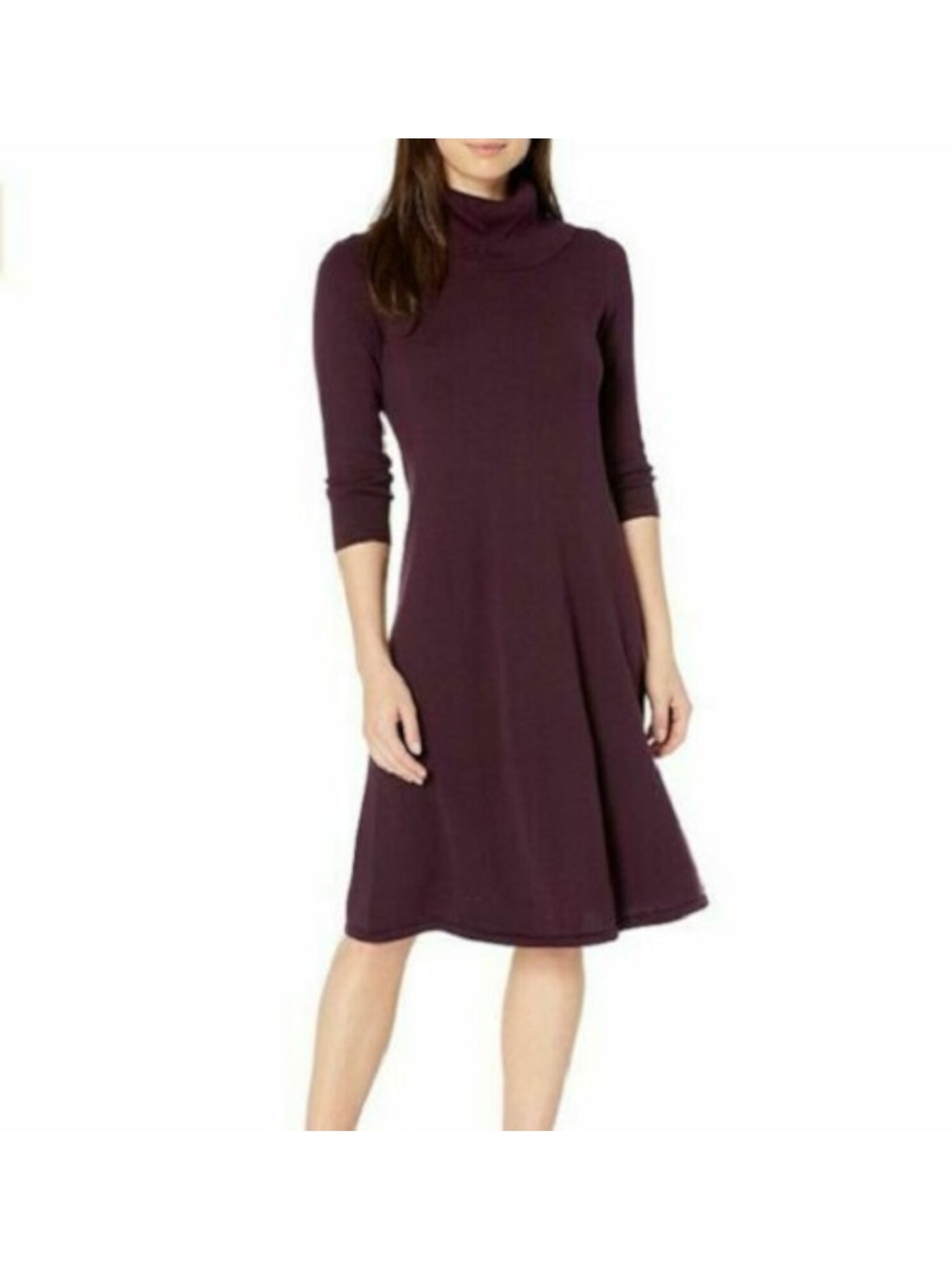 NINE WEST Womens Purple Knit Ribbed Textured 3/4 Sleeve Cowl Neck Knee Length Party Fit + Flare Dress S