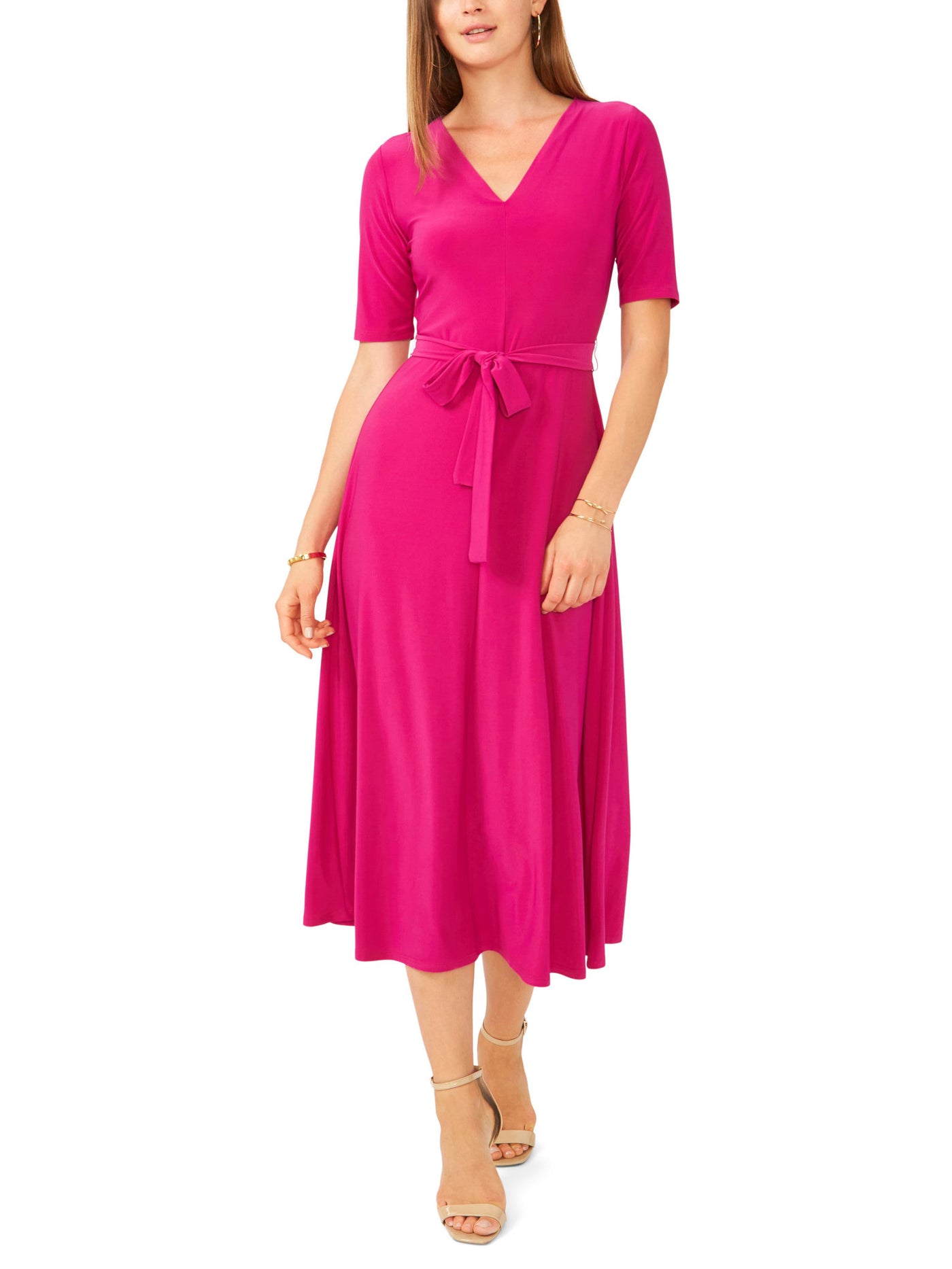 MSK Womens Pink Elbow Sleeve V Neck Midi Wear To Work Fit + Flare Dress M