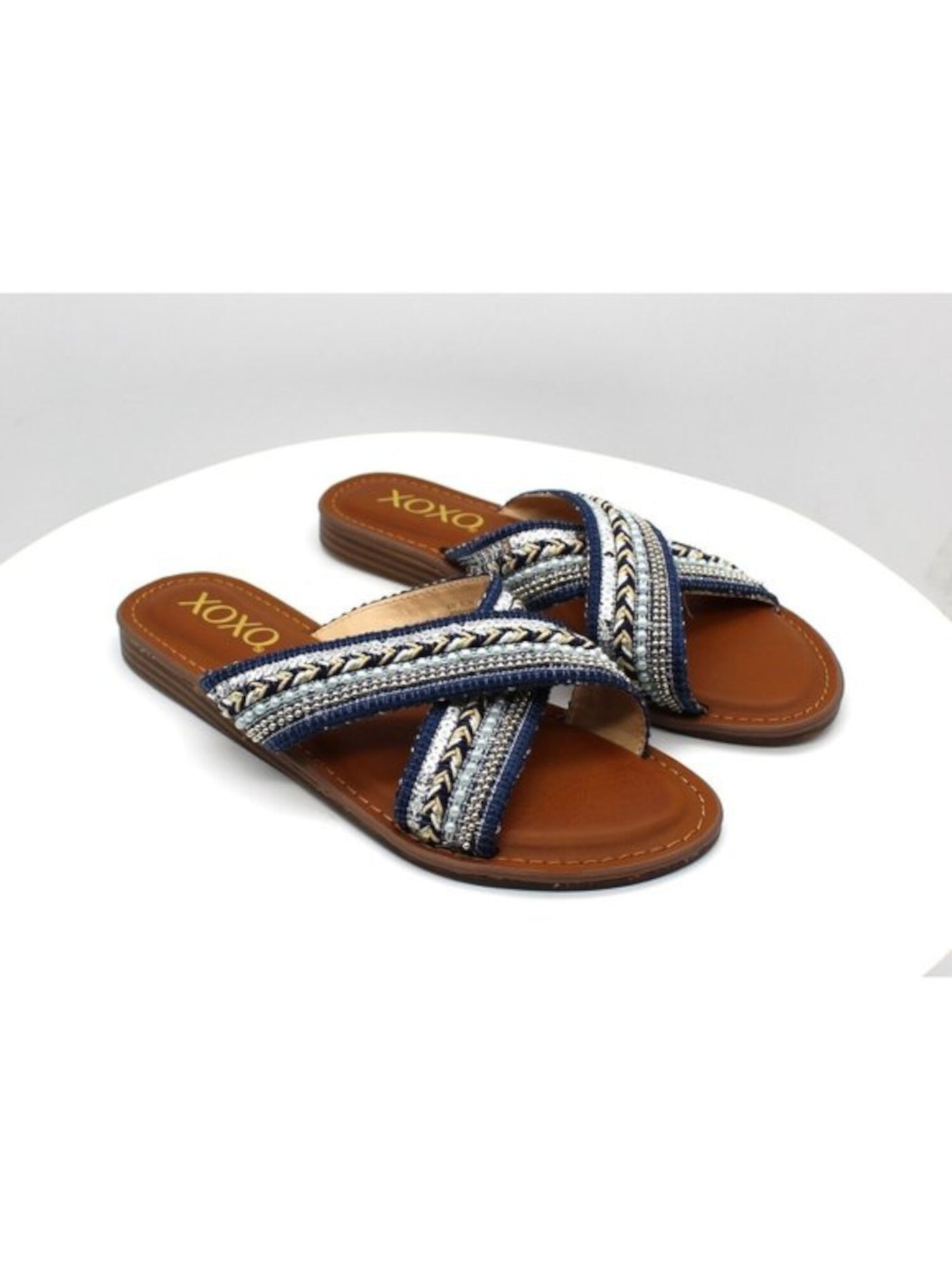 XOXO Womens Blue Crisscross Straps Embellished Studded Ron Round Toe Slip On Slide Sandals Shoes 6 M