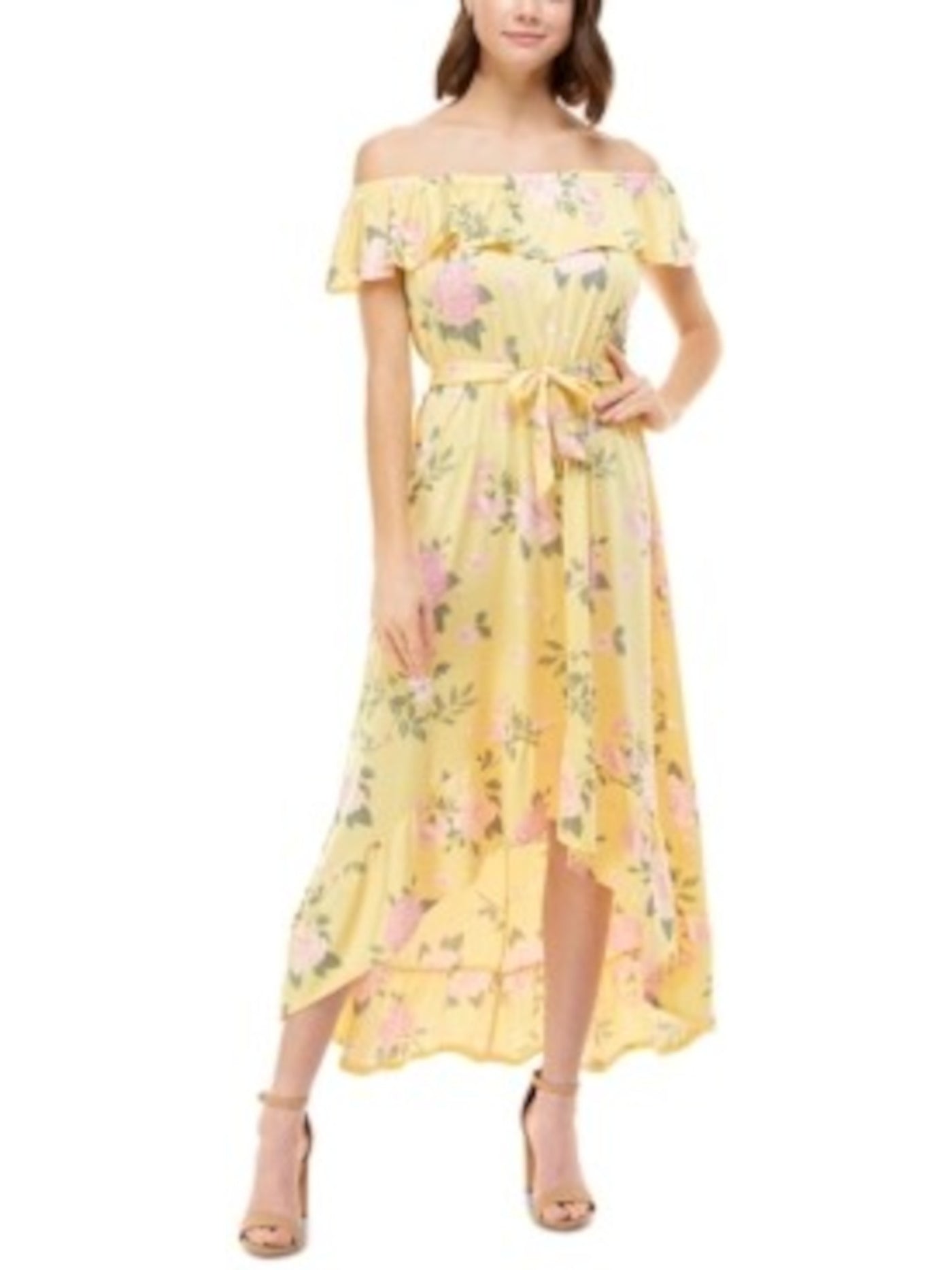 DEREK HEART Womens Yellow Stretch Ruffled Unlined Elastic Waist Self-tie Belt Floral Flutter Sleeve Off Shoulder Maxi Party Hi-Lo Dress Juniors M