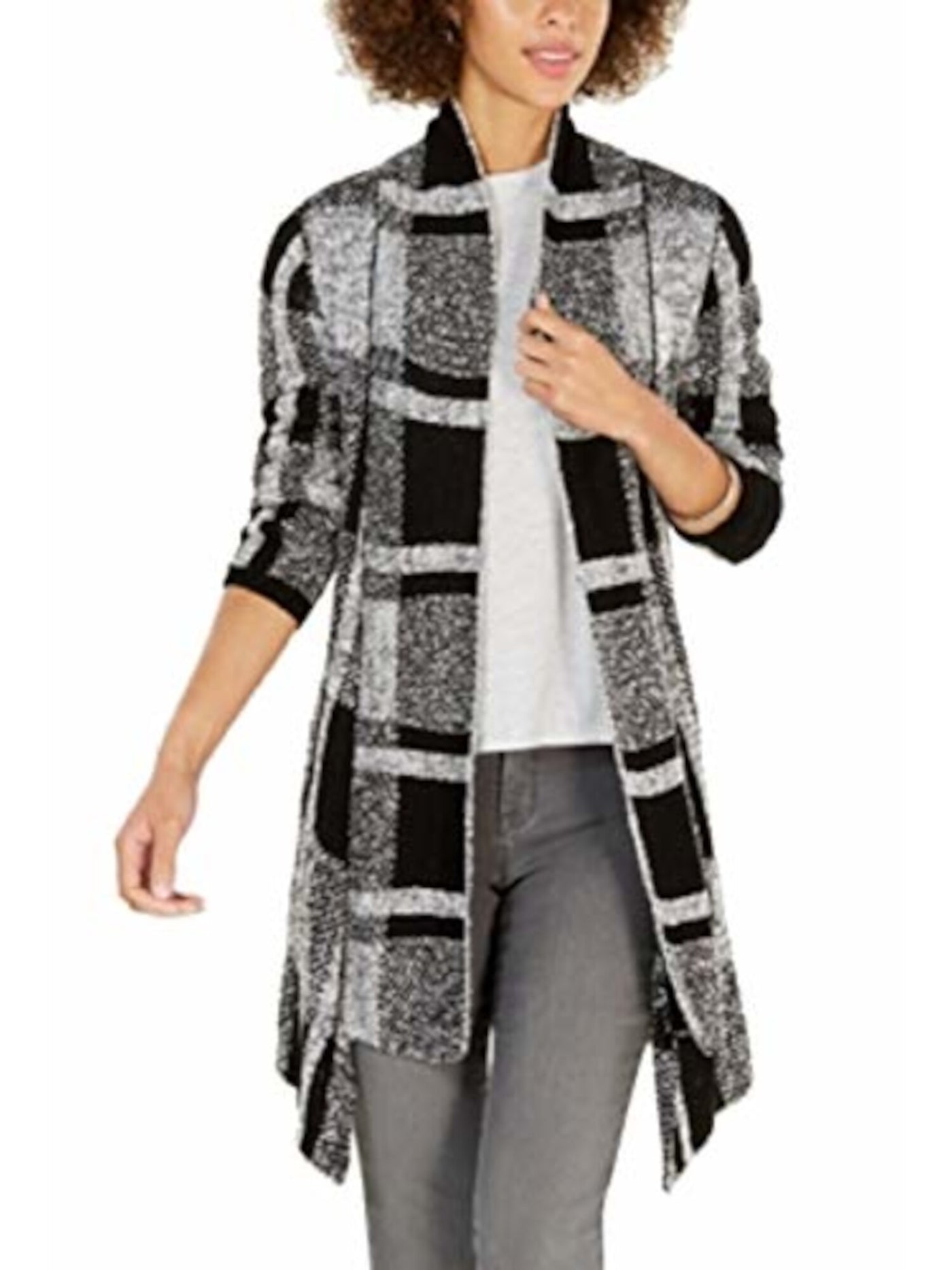 STYLE & COMPANY Womens Black Plaid Long Sleeve Open Cardigan Sweater Petites PXL