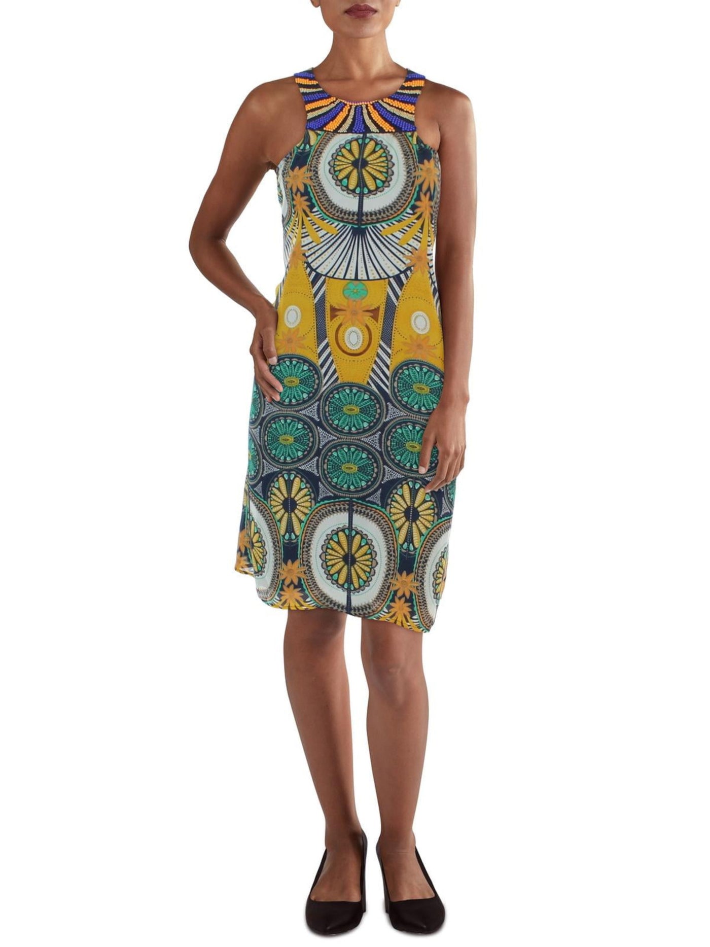 KAS NEW YORK Womens Navy Beaded Sheer Lined Keyhole Closure Floral Sleeveless Round Neck Knee Length Shift Dress XS