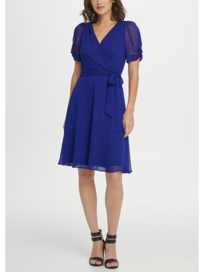 DKNY Womens Blue Sheer Knot Belt Pouf V Neck Above The Knee Wear To Work Fit + Flare Dress 6