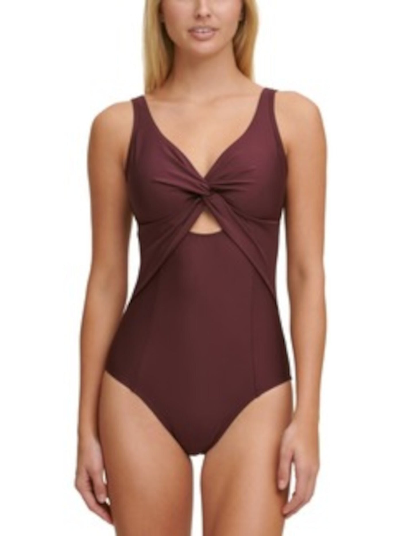 DKNY Women's Burgundy Stretch REMOVABLE CUPS Deep V Neck Moderate Coverage One Piece Swimsuit 16