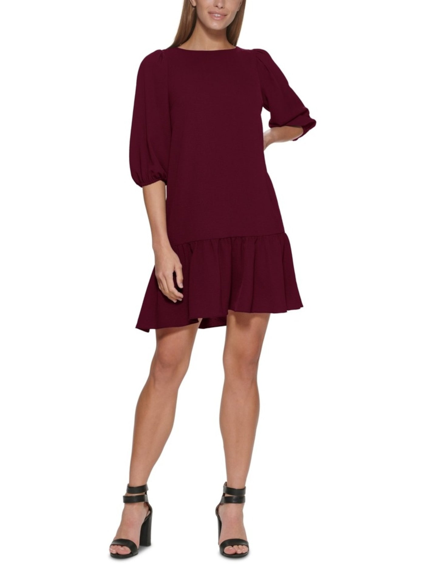 DKNY Womens Burgundy Stretch Textured Zippered Ruffled Hem Blouson Sleeve Jewel Neck Above The Knee Trapeze Dress 8