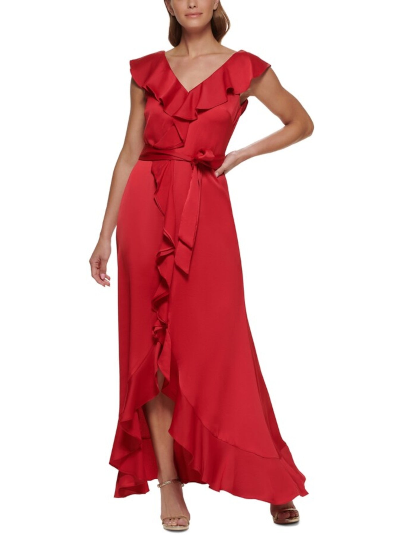 DKNY Womens Red Ruffled Zippered Tie Belt Cutaway Hem Flutter Sleeve V Neck Full-Length Formal Fit + Flare Dress 6