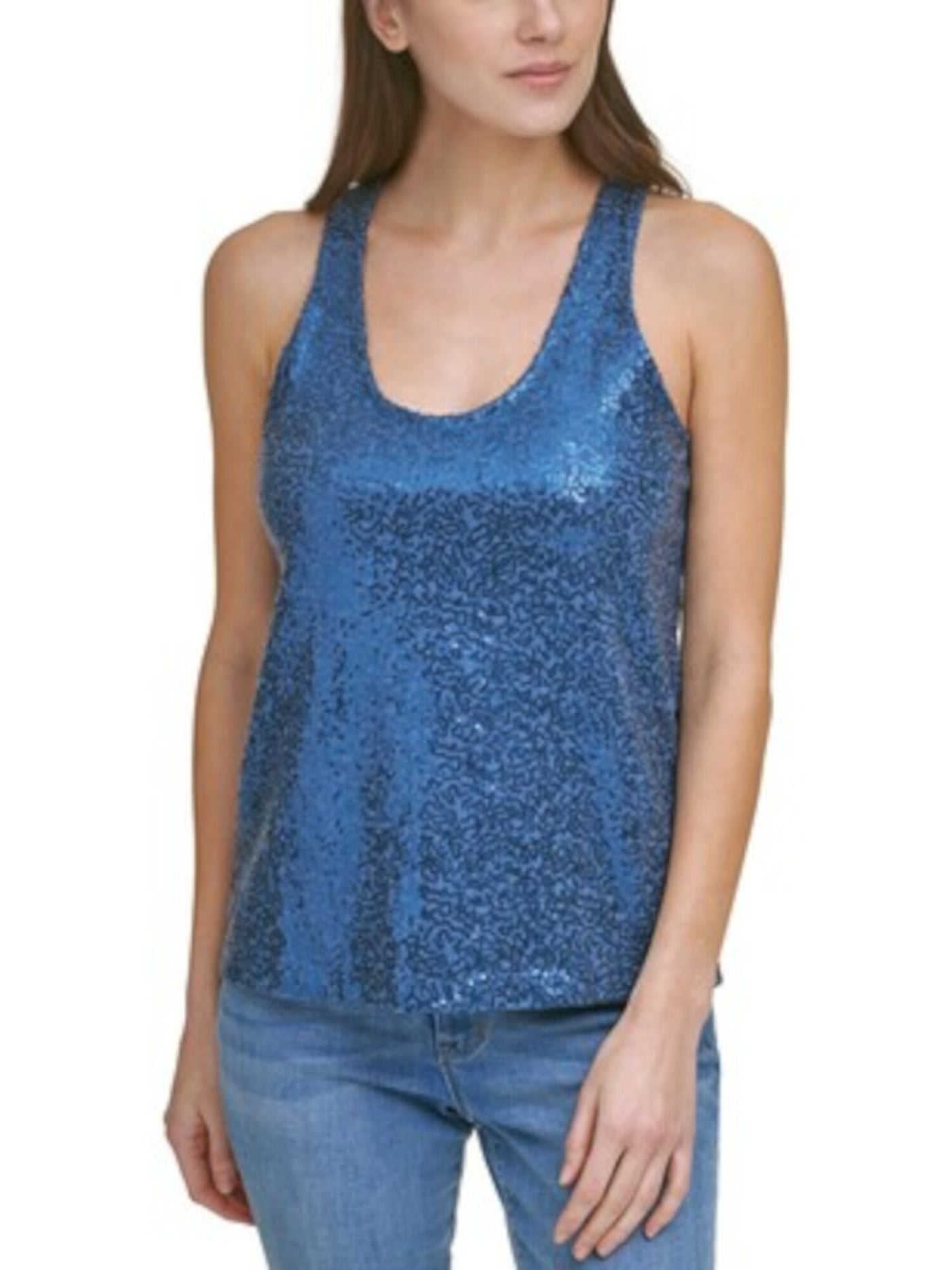 DKNY Womens Blue Stretch Sequined Sleeveless Scoop Neck Party Tank Top M