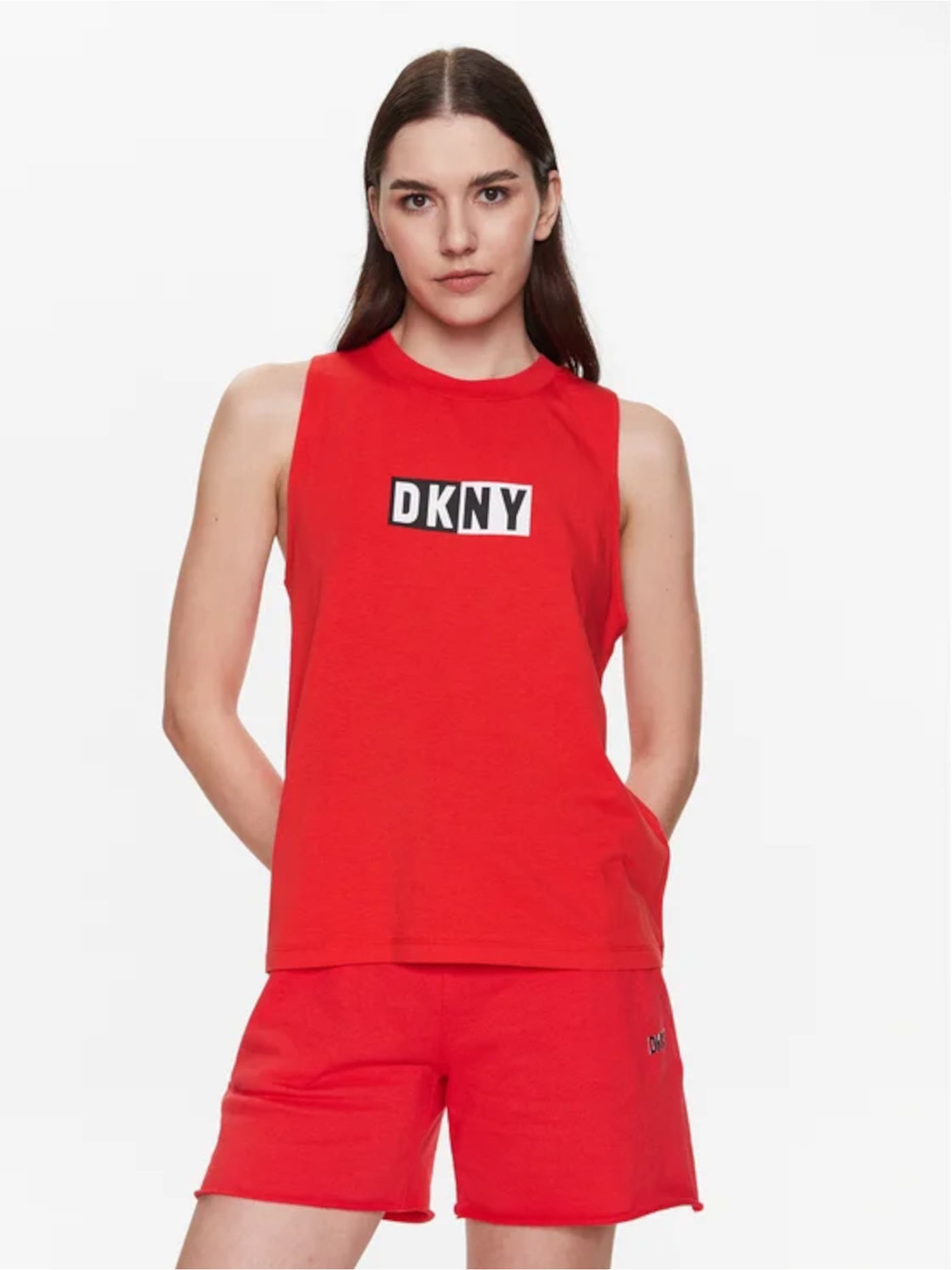 DKNY Womens Red Logo Graphic Sleeveless Crew Neck Tank Top S