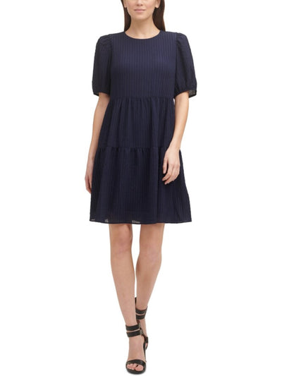 DKNY Womens Navy Stretch Textured Sheer Tiered Lined Keyhole Elbow Sleeve Crew Neck Above The Knee Party Shift Dress 6