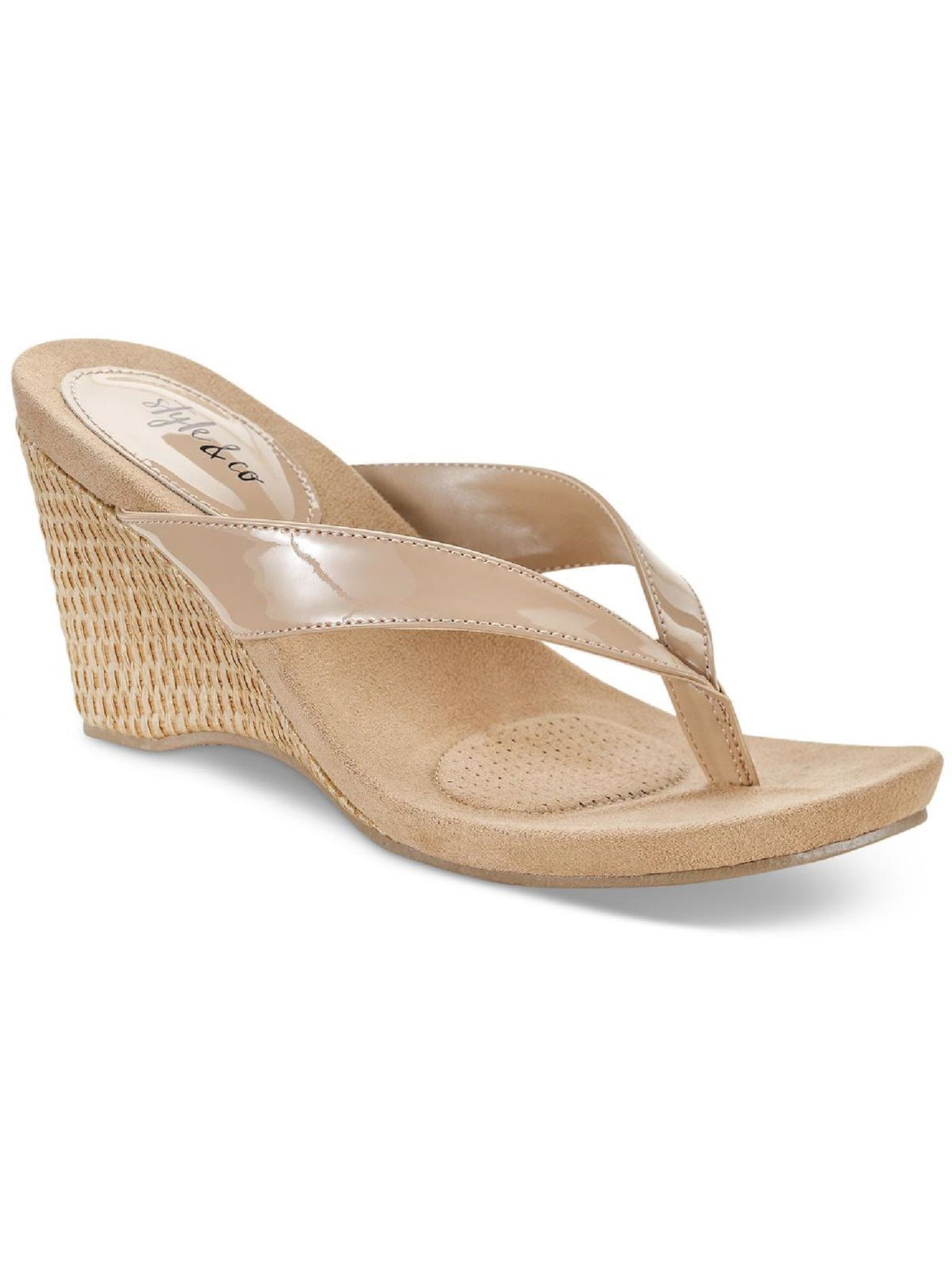 STYLE & COMPANY Womens Beige Woven Comfort Chicklet Round Toe Wedge Slip On Dress Heeled Thong Sandals 12 M