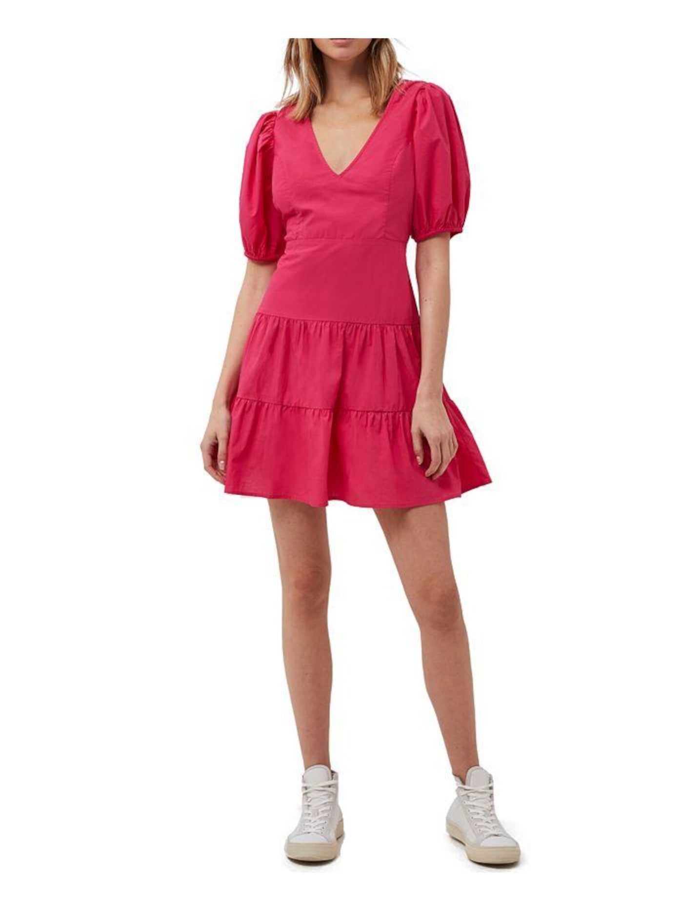 FRENCH CONNECTION Womens Pink Woven Zippered Smocked Tiered Cut Out Pouf Sleeve V Neck Short Fit + Flare Dress 4