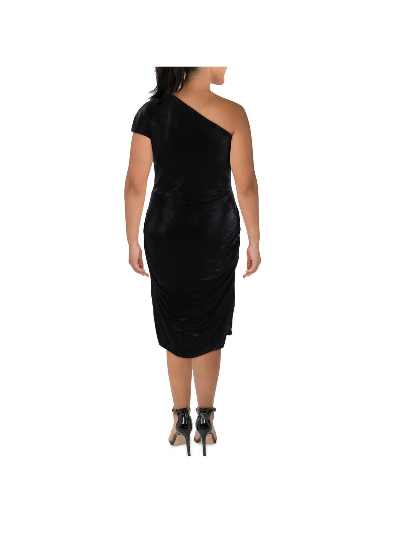 RENE RUIZ COLLECTION Womens Black Metallic Zippered Ruched Lined Short Sleeve Asymmetrical Neckline Midi Cocktail Sheath Dress 6