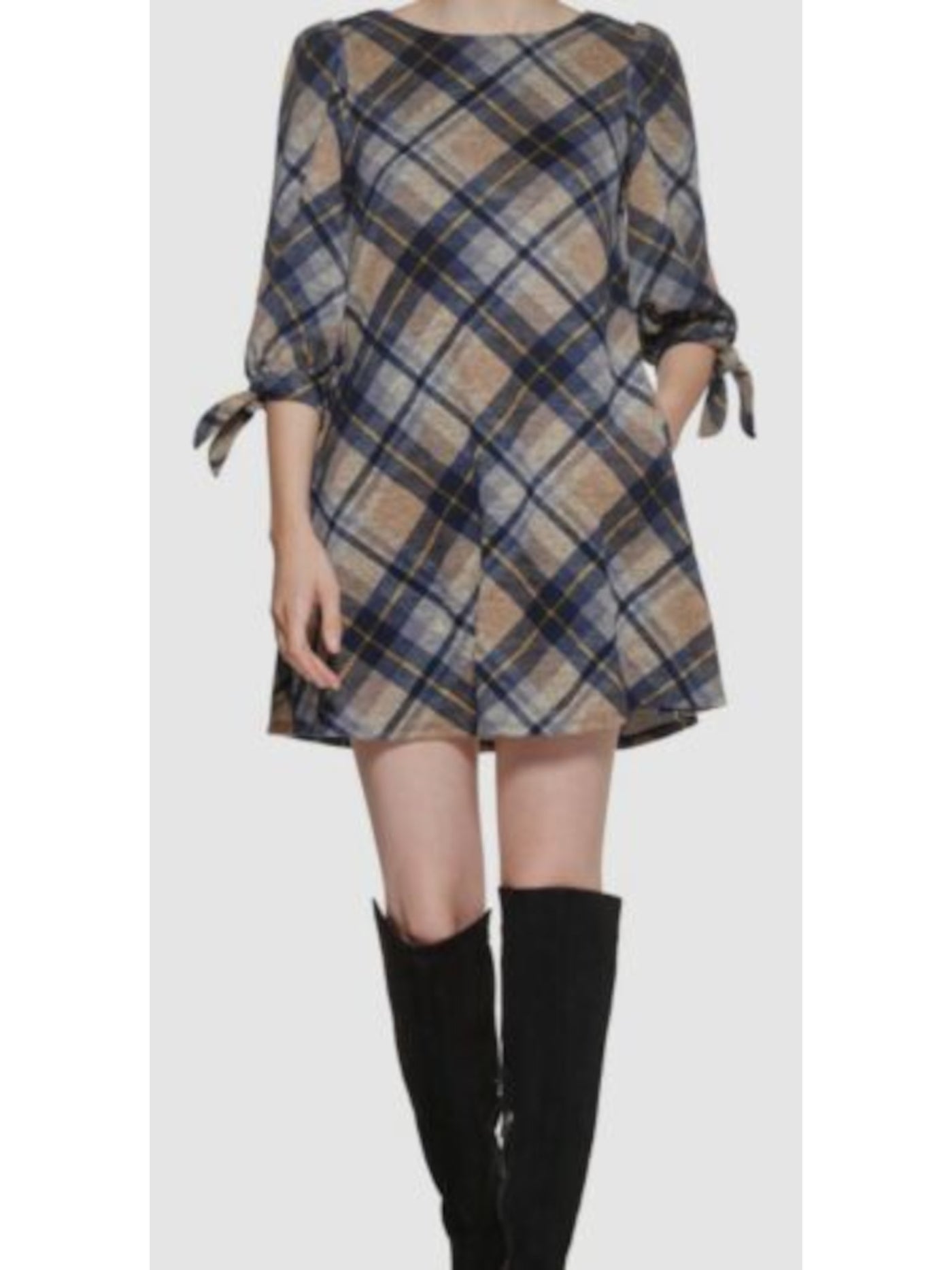 JESSICA HOWARD Womens Brown Lined Keyhole Back Button Cuff Plaid Elbow Sleeve Round Neck Knee Length Shift Dress XL