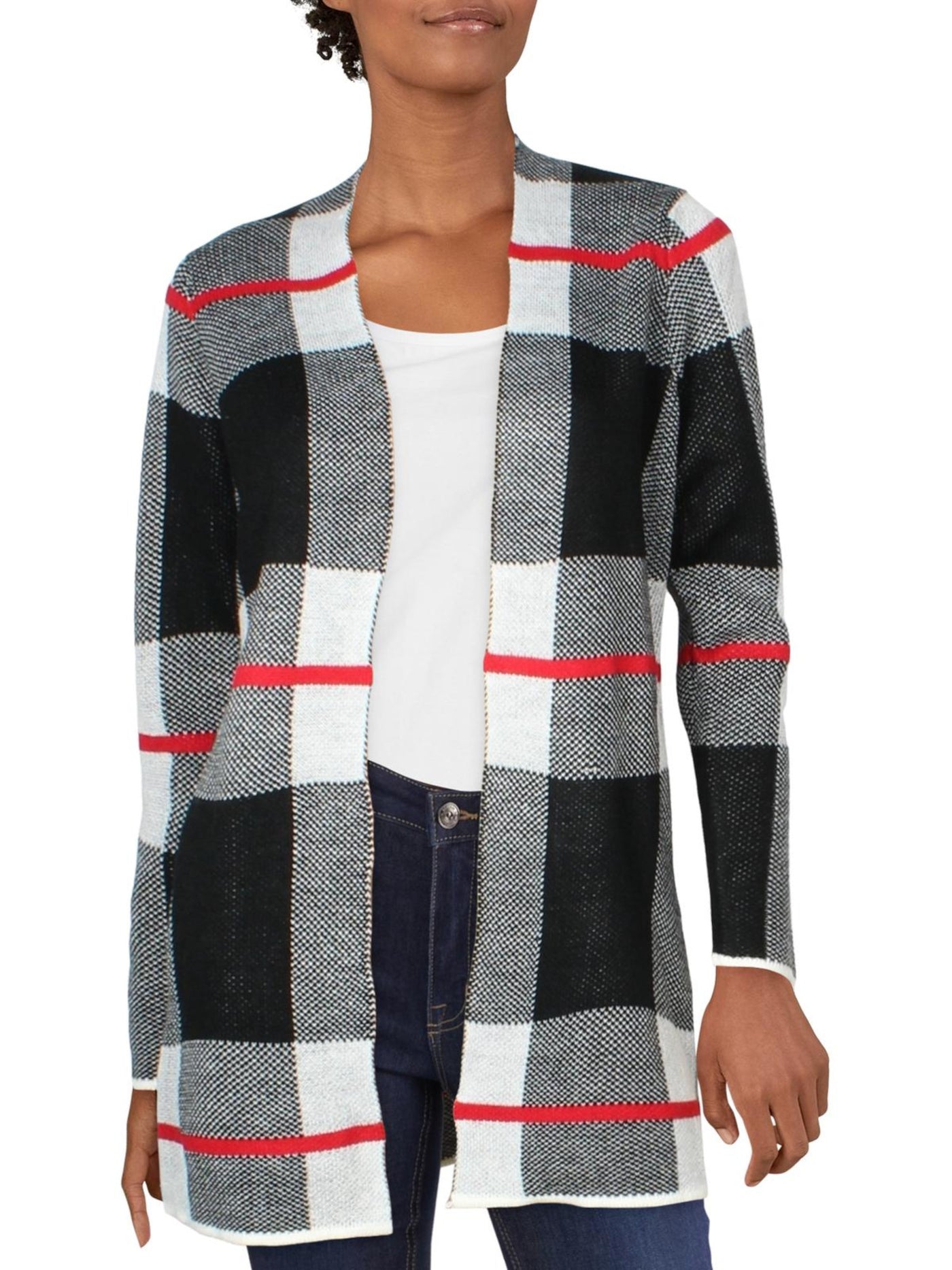 ALISON ANDREWS Womens Black Pocketed Plaid Long Sleeve Open Cardigan Wear To Work Duster Sweater L