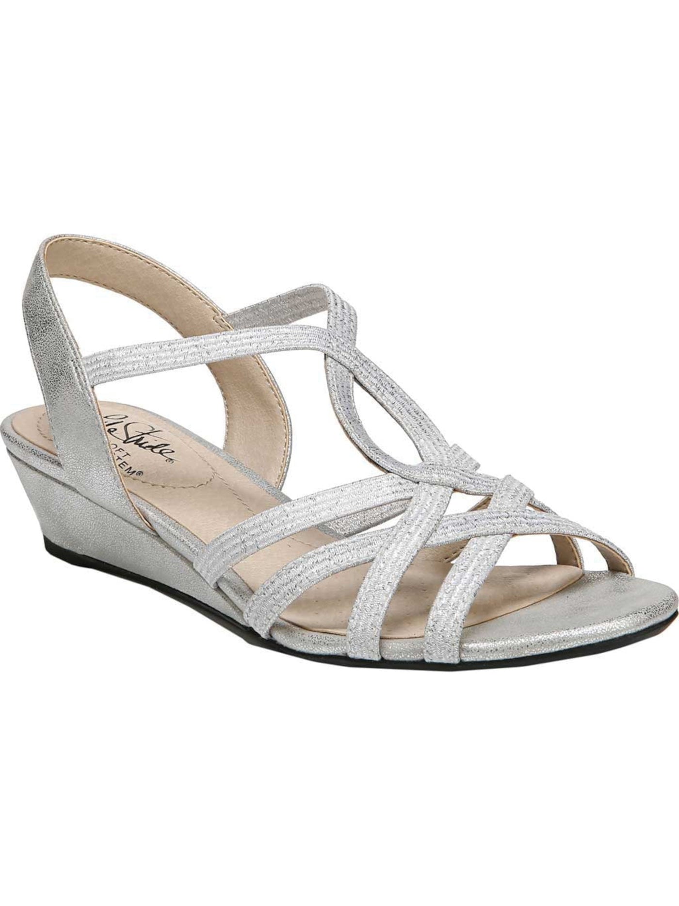 LIFE STRIDE Womens Silver Crisscross Straps Cushioned Yaya Round Toe Wedge Slip On Dress Sandals 6 W