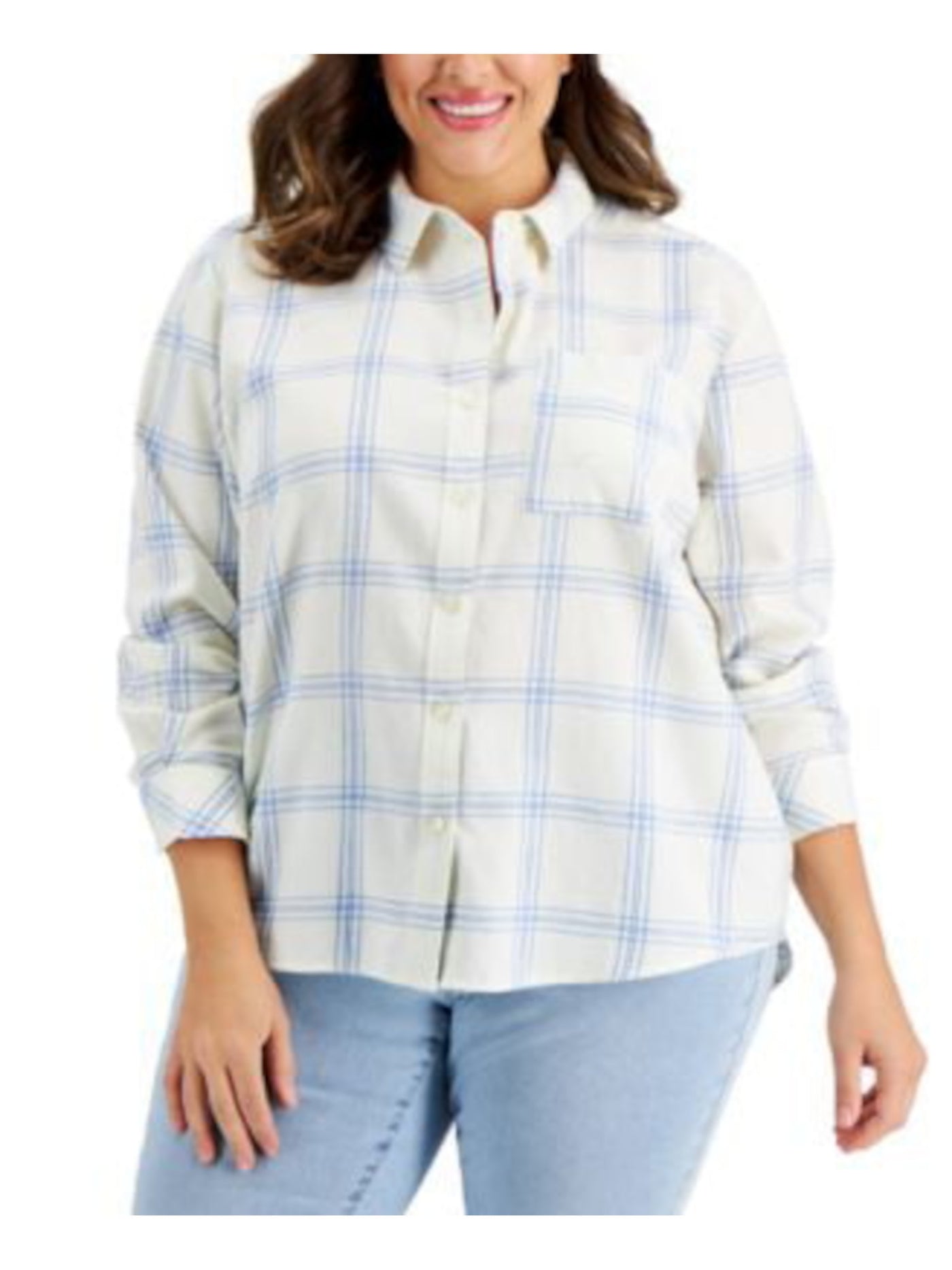 STYLE & COMPANY Womens Ivory Pocketed Curved Step Hem Plaid Cuffed Sleeve Point Collar Button Up Top Plus 3X