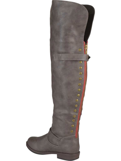 JOURNEE COLLECTION Womens Gray Hidden Pocket Buckle Accent Studded Kane Round Toe Block Heel Zip-Up Riding Boot 8.5 M