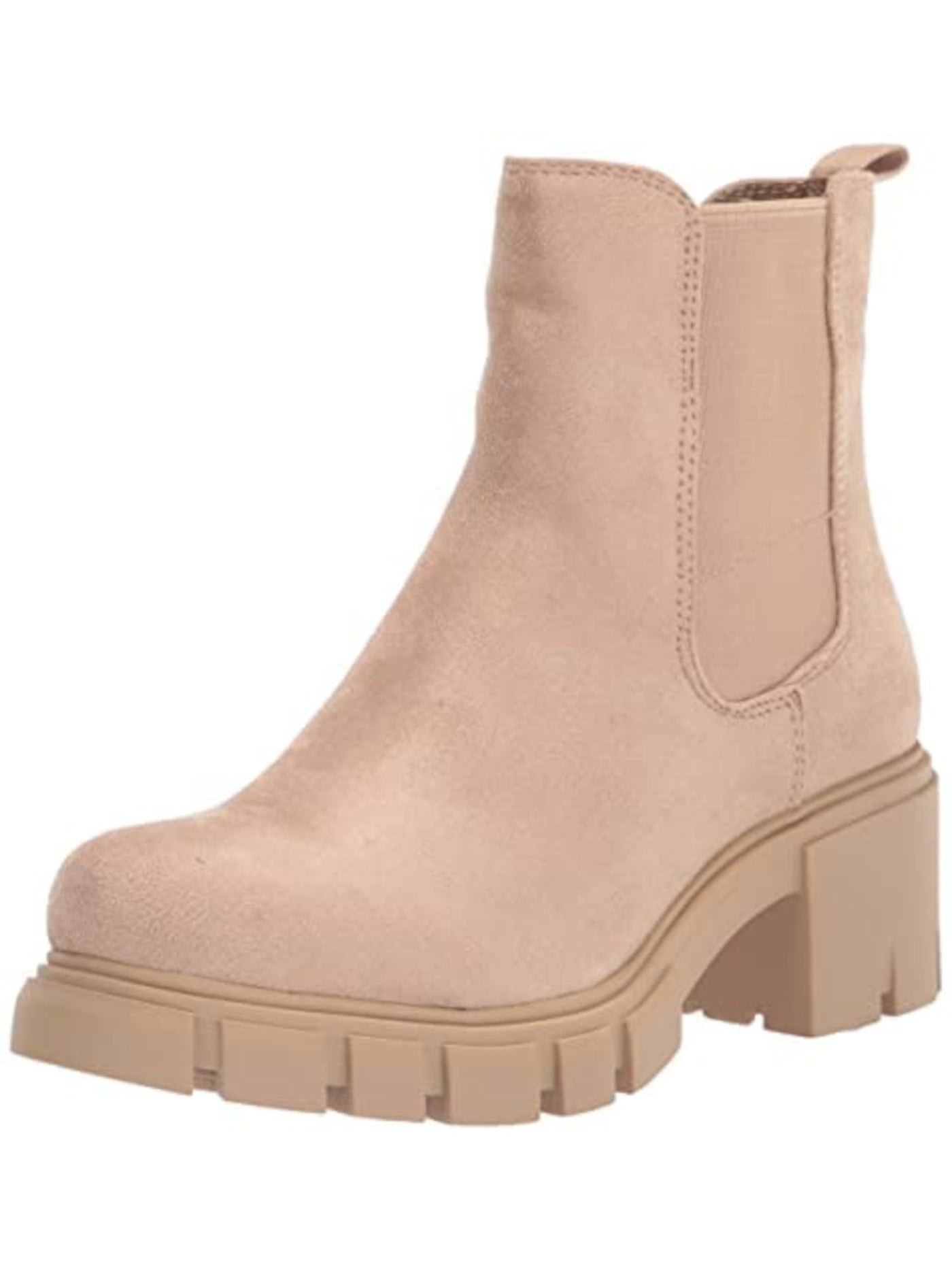 MADDEN GIRL Womens Sand Beige 1" Platform Padded Back Pull-Tab Lug Sole Goring Tessa Round Toe Block Heel Chelsea 6 M