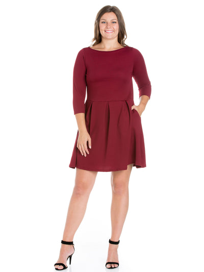 24/7 COMFORT Womens Burgundy Pocketed Pleated Pullover 3/4 Sleeve Boat Neck Above The Knee Fit + Flare Dress Plus 1X