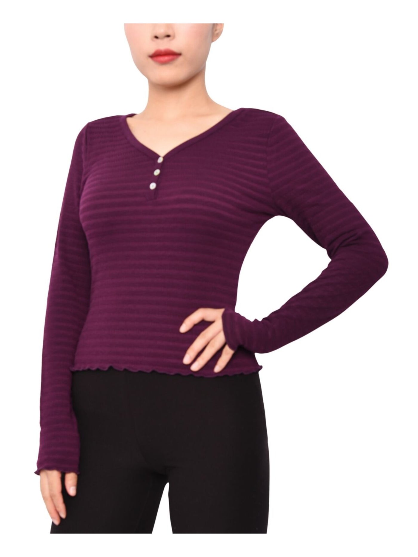 DEREK HEART Womens Purple Stretch Ribbed Scalloped Textured Henley Long Sleeve V Neck Top L