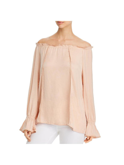 SINGLE THREAD Womens Pink Ruffled Embroidered Elastic Cuffs Long Sleeve Scoop Neck Party Blouse XS