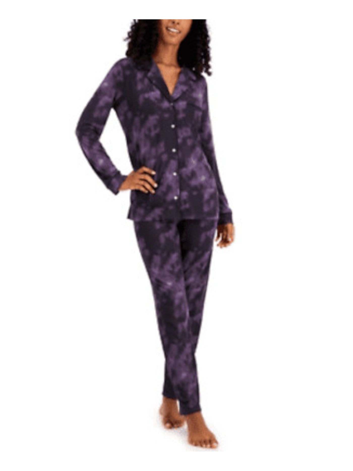 ALFANI Womens Purple Tie Dye Notched Collar Long Sleeve Button Up Top Straight leg Pants Pajamas M