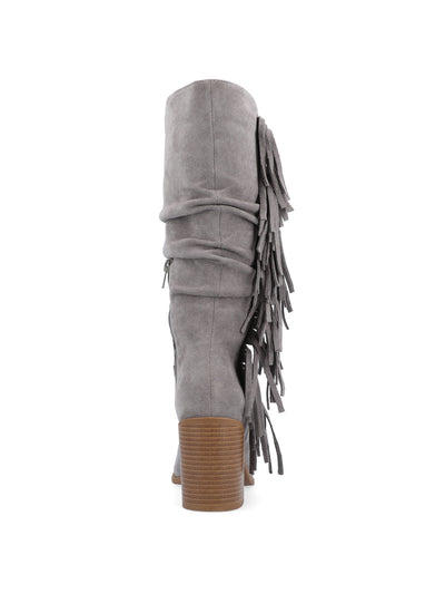 JOURNEE COLLECTION Womens Gray Ankle Zip Cushioned Western Inspired Fringed Wide Calf Hartly Pointed Toe Block Heel Slouch Boot 6 XWC