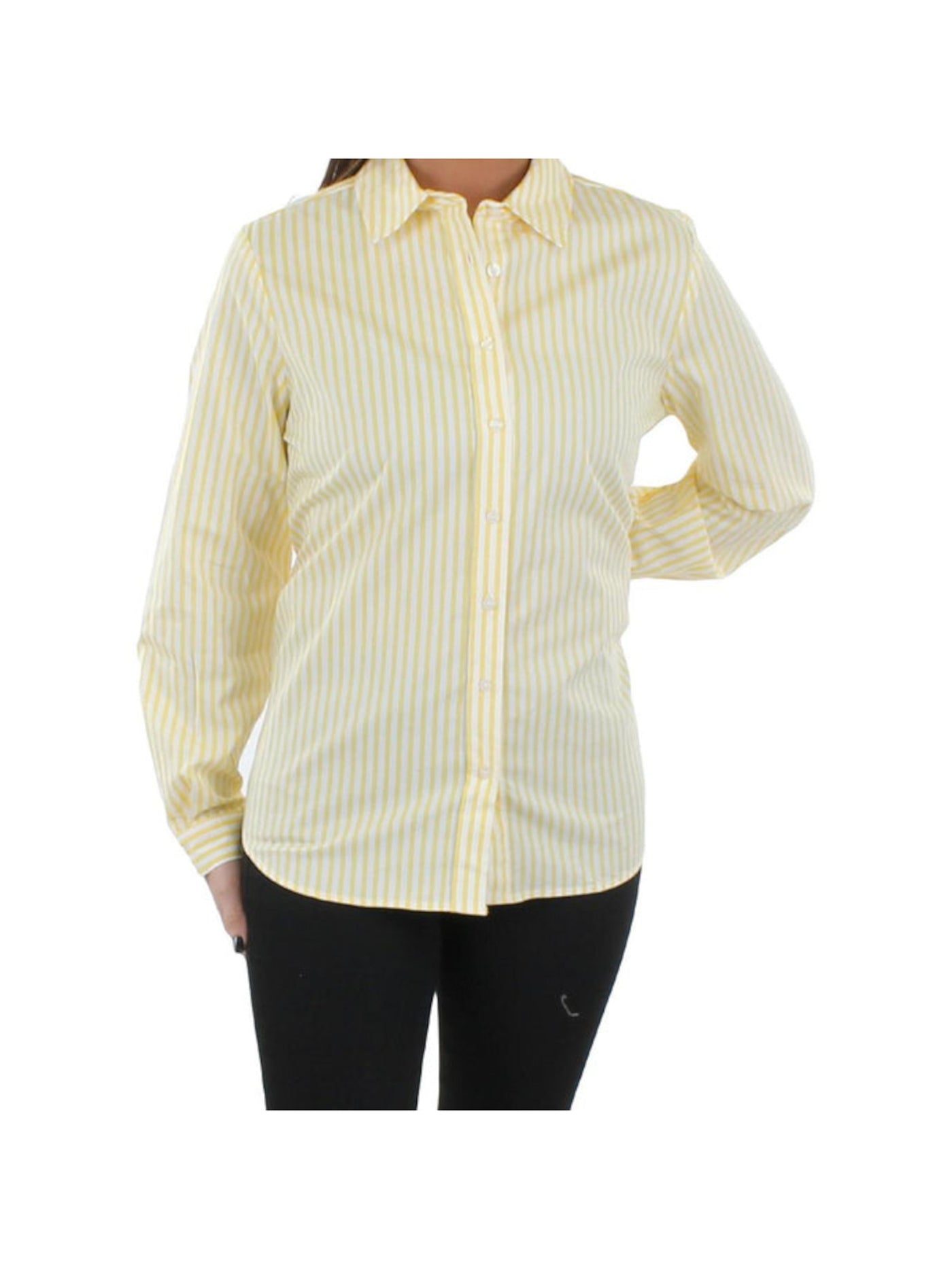 JONES NEW YORK Womens Yellow Pleated Shirttail Hem Striped Cuffed Sleeve Collared Button Up Top L
