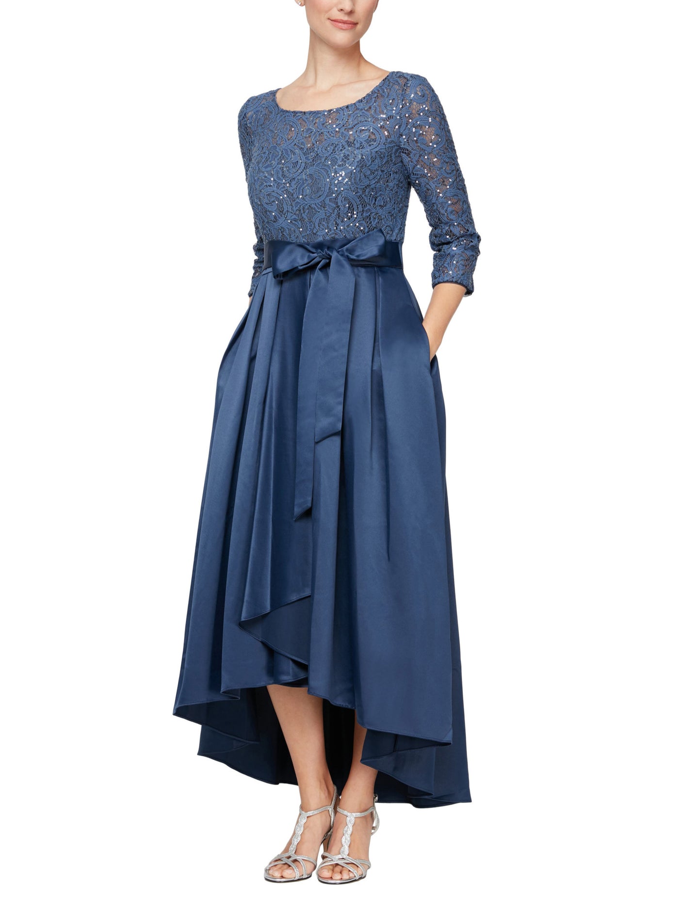 ALEX EVENINGS Womens Blue Zippered Sequined Gown Lace Tie Unlined Padded 3/4 Sleeve Round Neck Full-Length Evening Hi-Lo Dress 10
