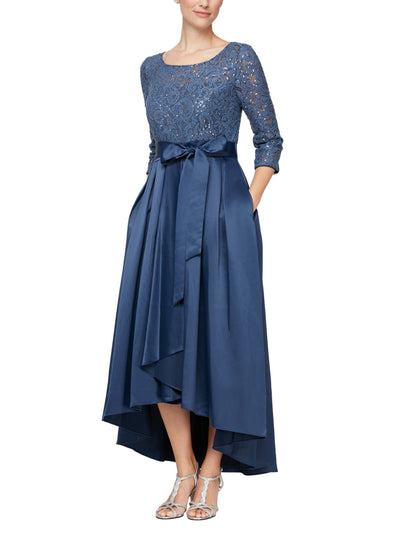 ALEX EVENINGS Womens Blue Zippered Sequined Gown Lace Tie Unlined Padded 3/4 Sleeve Round Neck Full-Length Evening Hi-Lo Dress 10