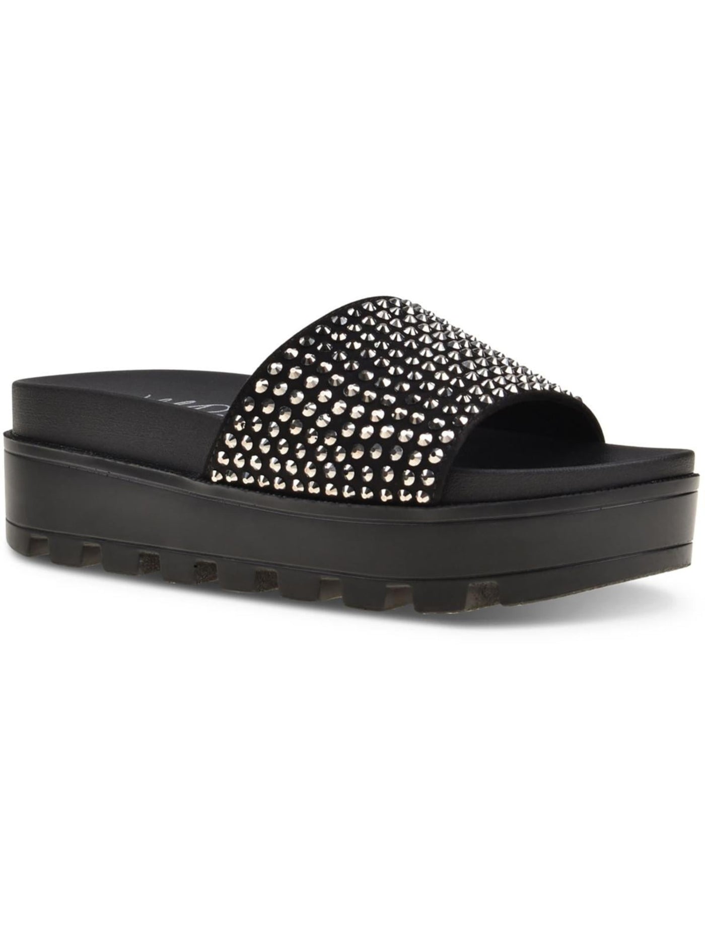 WILD PAIR Womens Black Rhinestone Comfort Elevated Round Toe Slip On Slide Sandals Shoes 8 M