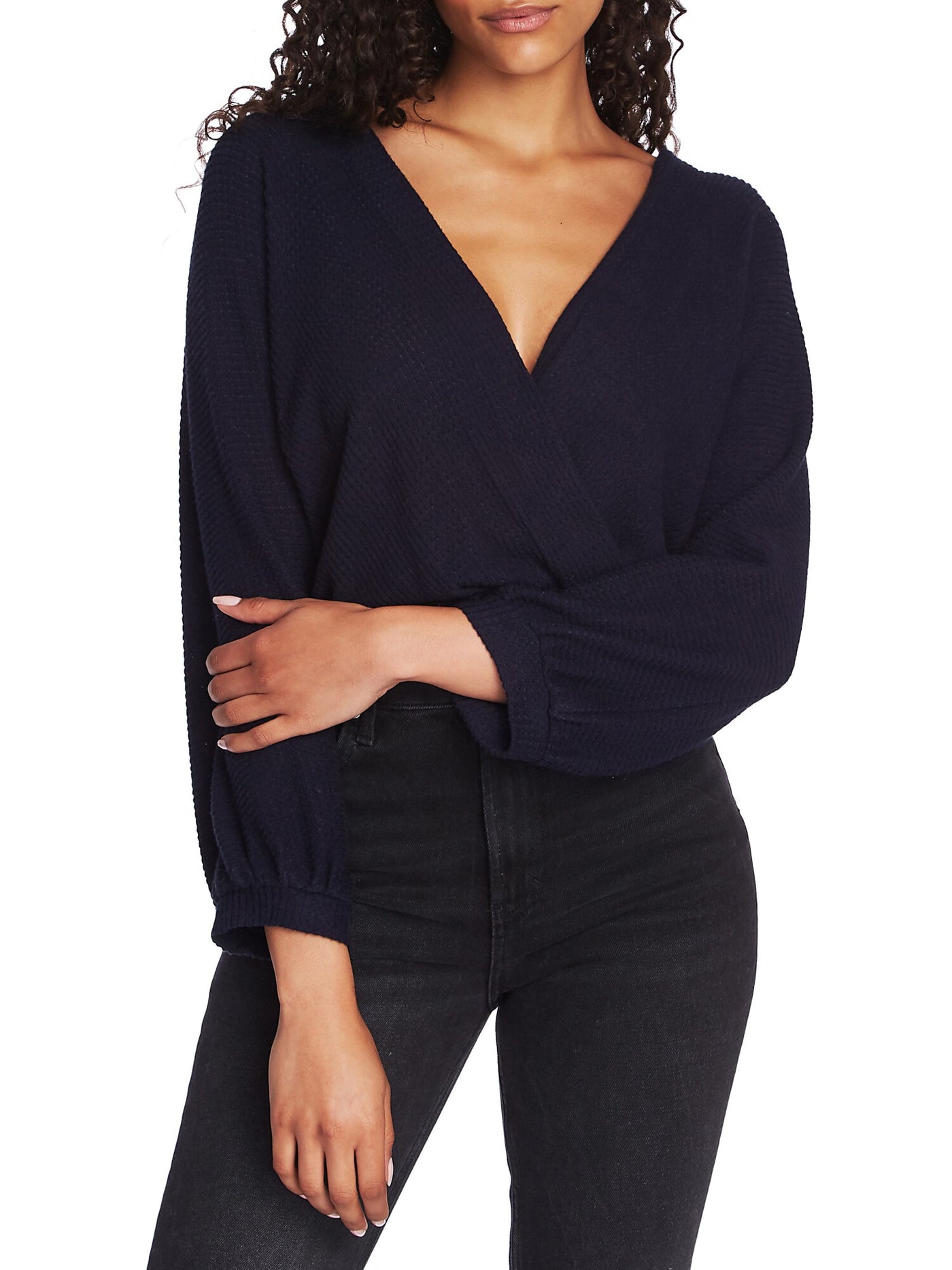 1. STATE Womens Ribbed 3/4 Sleeve V Neck Wrap Sweater