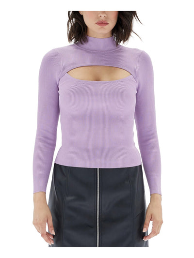 MINKPINK Womens Purple Ribbed Fitted Cut Out Long Sleeve Mock Neck Top Juniors XL