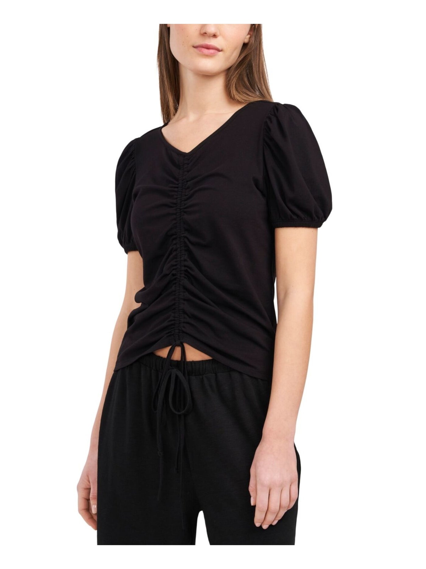RILEY&RAE Womens Black Ruched Pouf Sleeve V Neck Top XS
