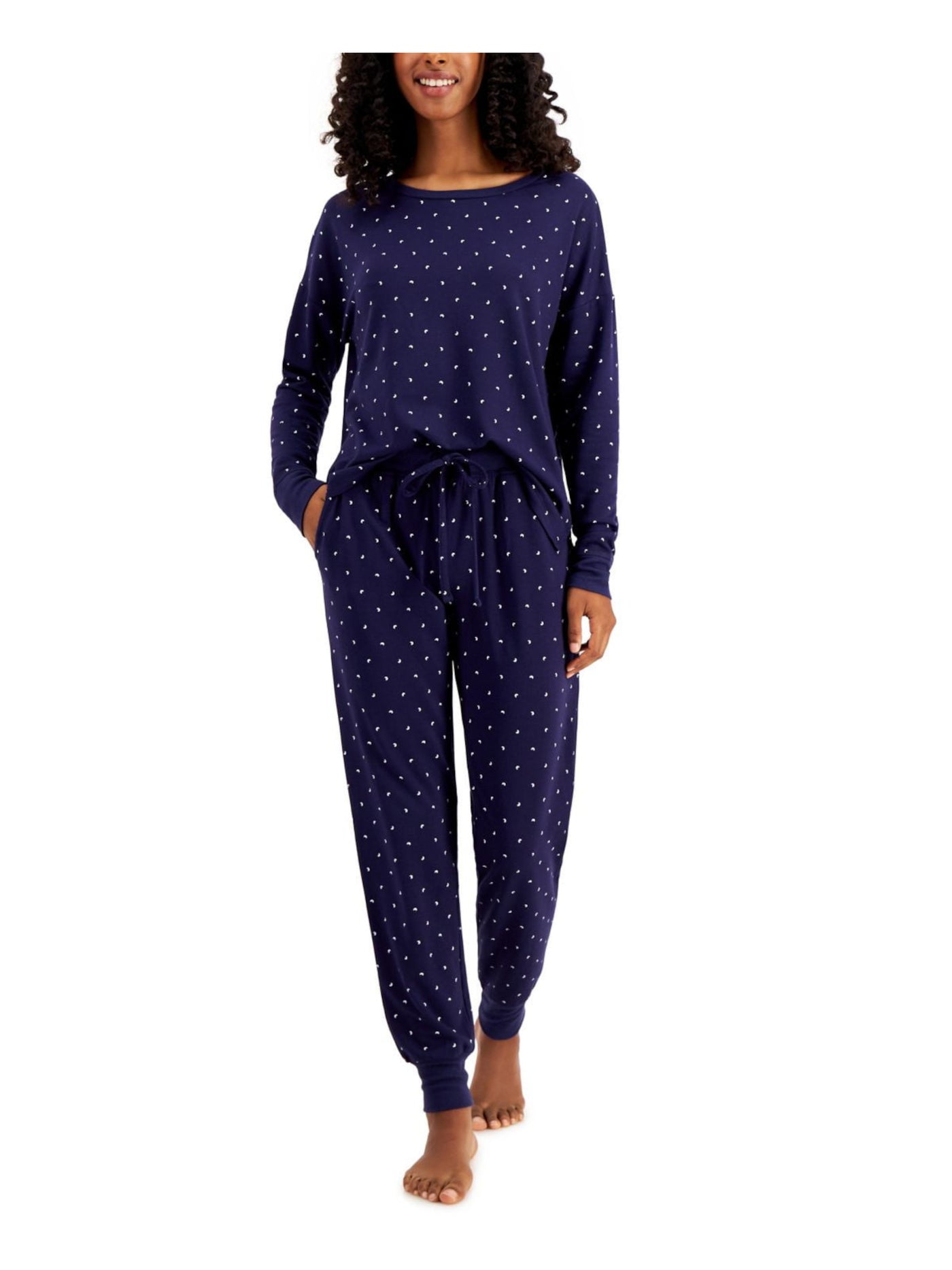 ALFANI INTIMATES Womens Crescent Moon Navy Printed Drawstring Long Sleeve T-Shirt Top Cuffed Pants Pajamas M