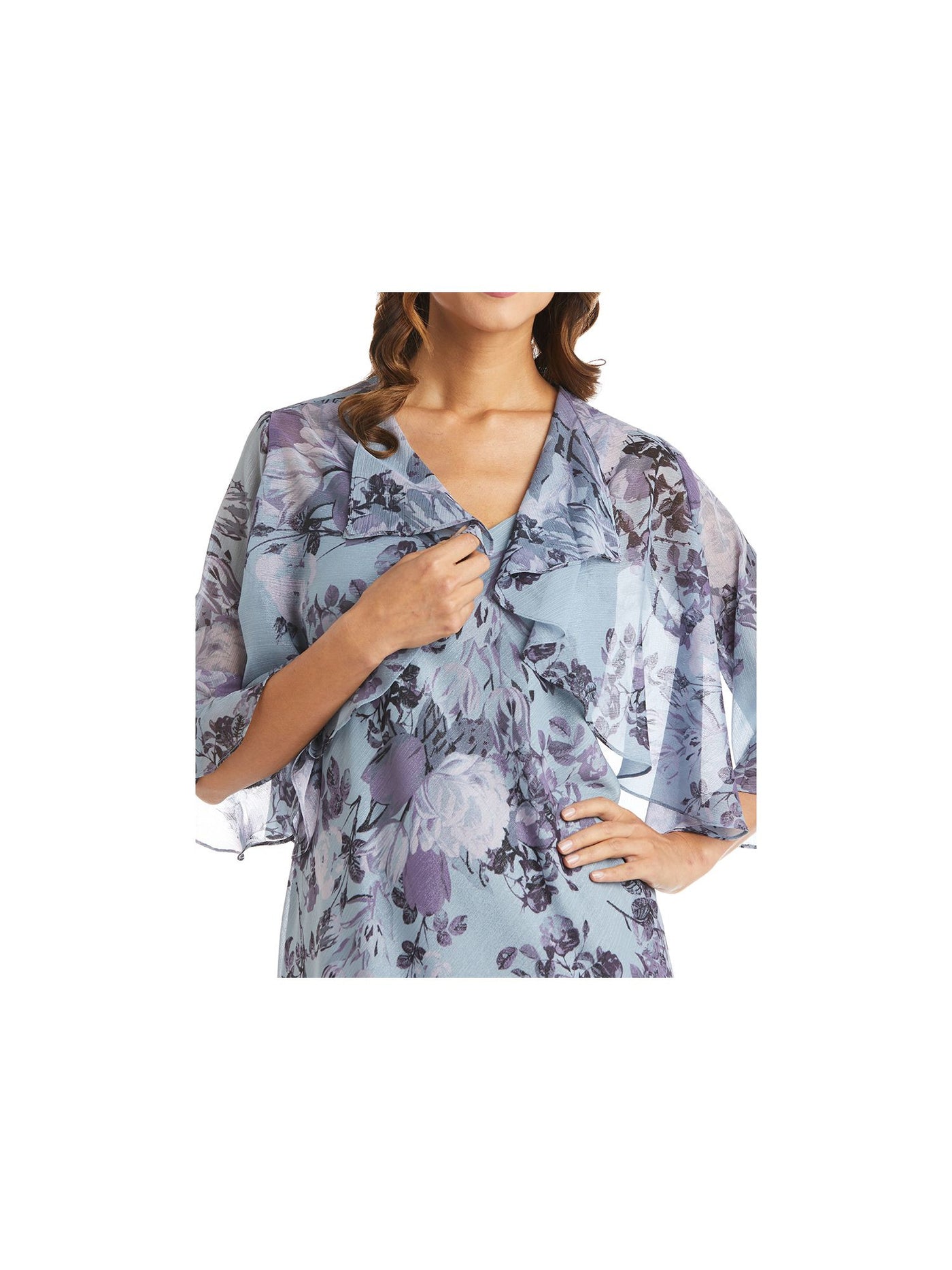 R&M RICHARDS Womens Light Blue Open Front Short Length 3/4 Sleeve Draped Sheer Floral Jacket 12