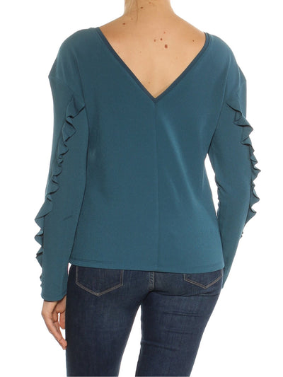 BAR III Womens Teal Ruffled Low Back Long Sleeve Jewel Neck Top M