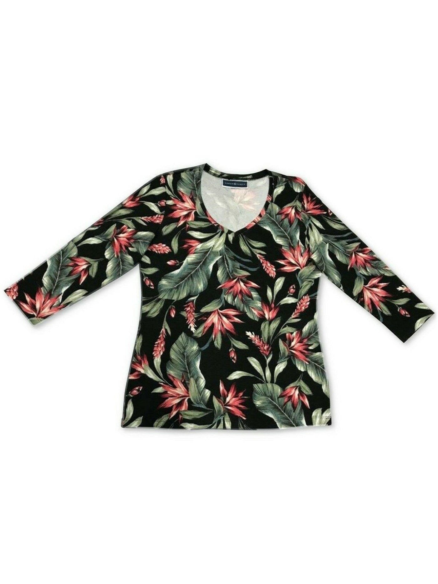 KAREN SCOTT Womens Black Floral 3/4 Sleeve V Neck T-Shirt S