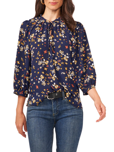 VINCE CAMUTO Womens Navy Tie Button Cuffs Floral 3/4 Sleeve Split Blouse XS