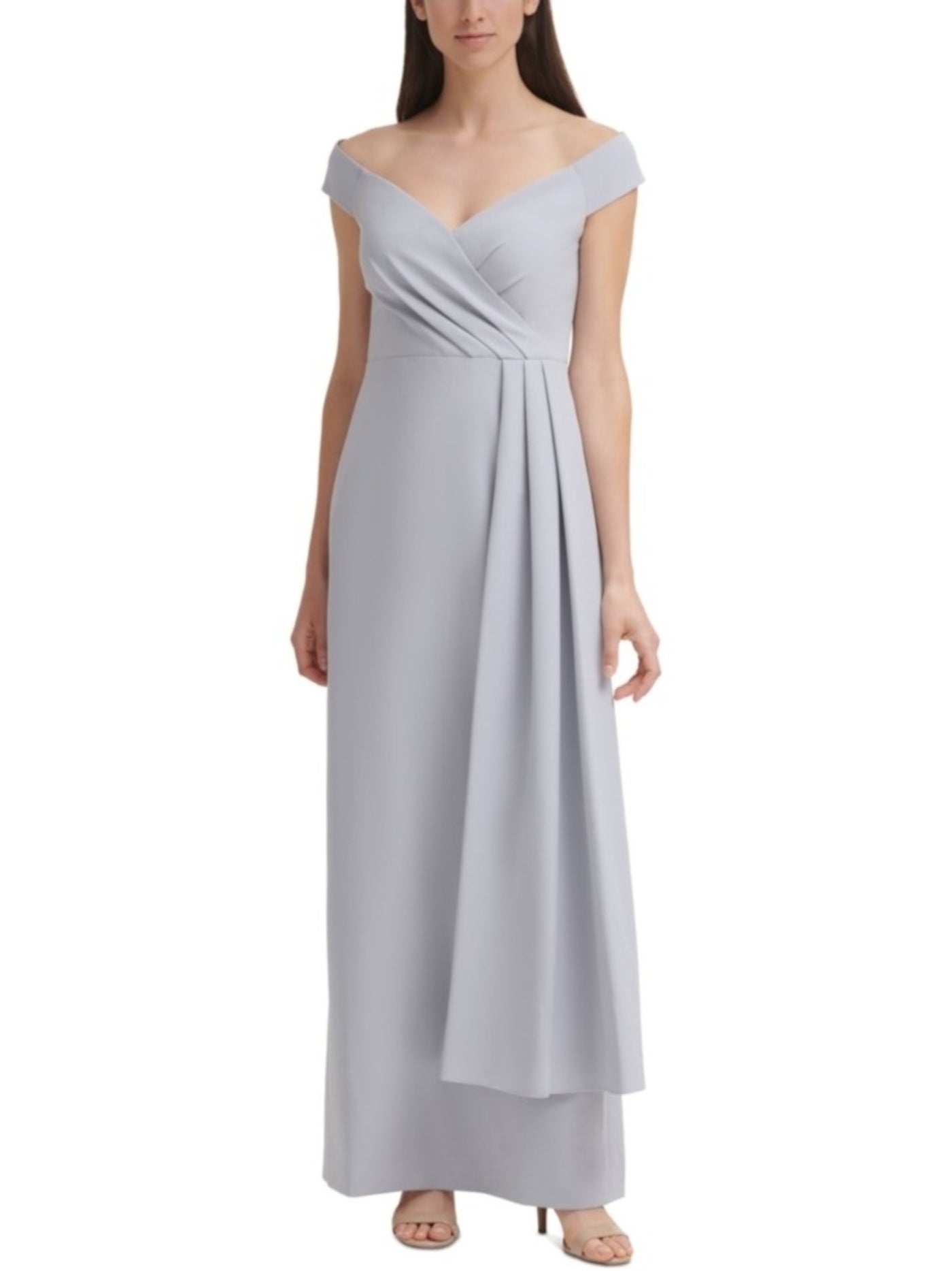 ELIZA J Womens Gray Stretch Zippered Pleated Side-drape Cap Sleeve Off Shoulder Full-Length Formal Gown Dress 14