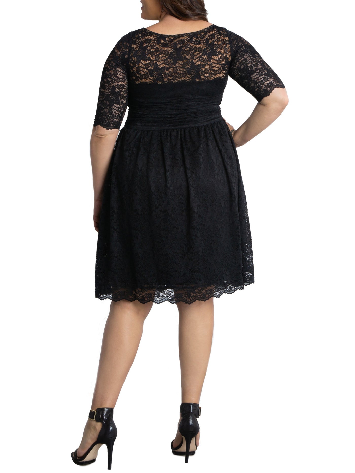 KIYONNA Womens Black Lace 3/4 Sleeve Boat Neck Knee Length Evening A-Line Dress Plus 1X