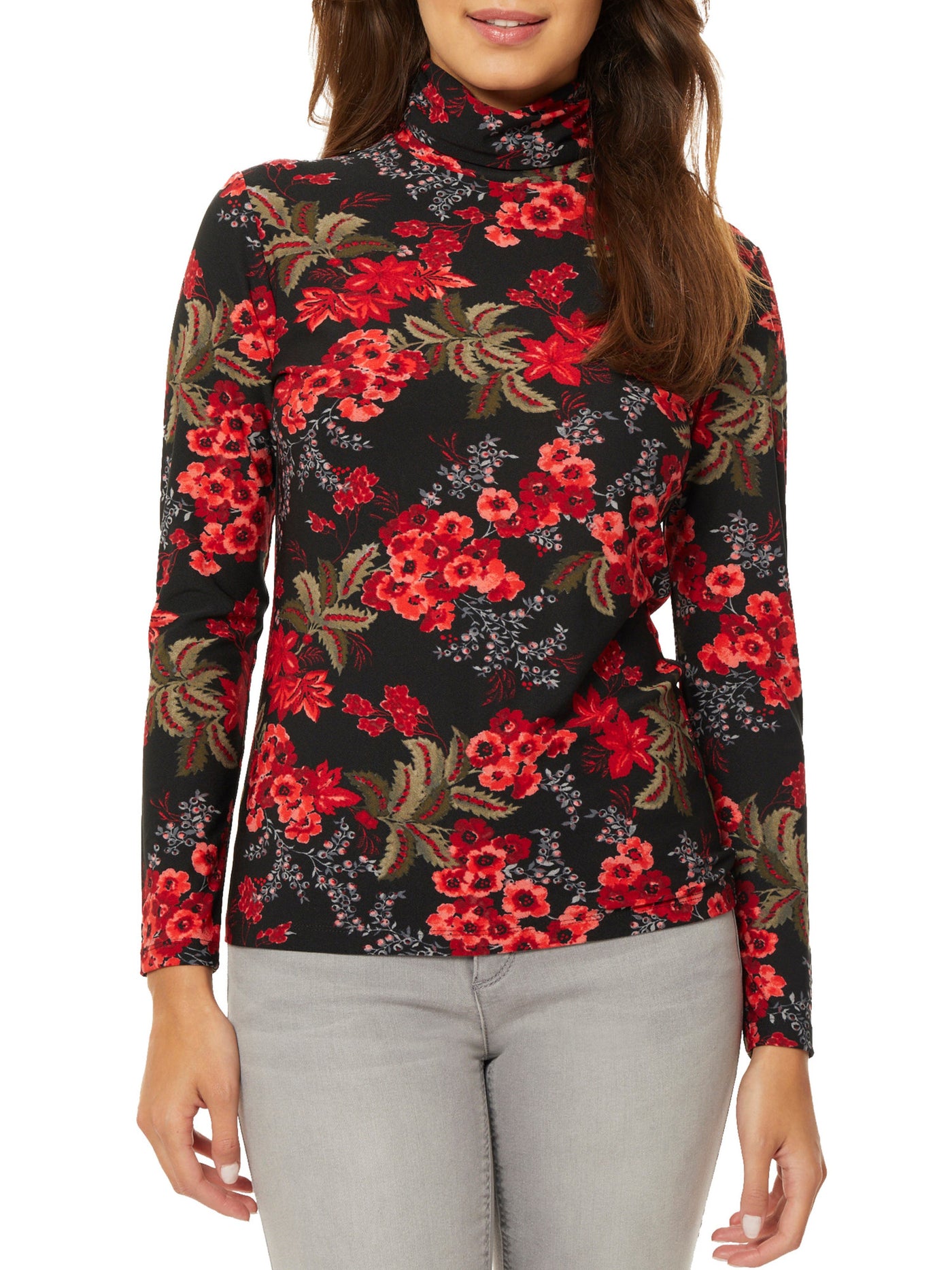 JONES NEW YORK Womens Black Floral Long Sleeve Turtle Neck Top XS