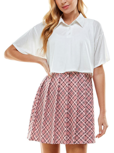 KINGSTON GREY Womens Pleated Short Sleeve Collared Short Fit + Flare Dress