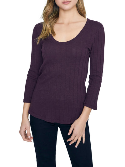 SANCTUARY Womens Purple Textured 3/4 Sleeve Scoop Neck T-Shirt XS
