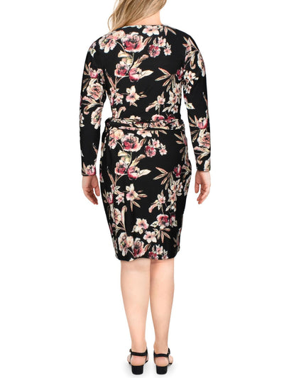 RACHEL RACHEL ROY Womens Black Floral Long Sleeve Jewel Neck Midi Wear To Work Shift Dress Plus 2X