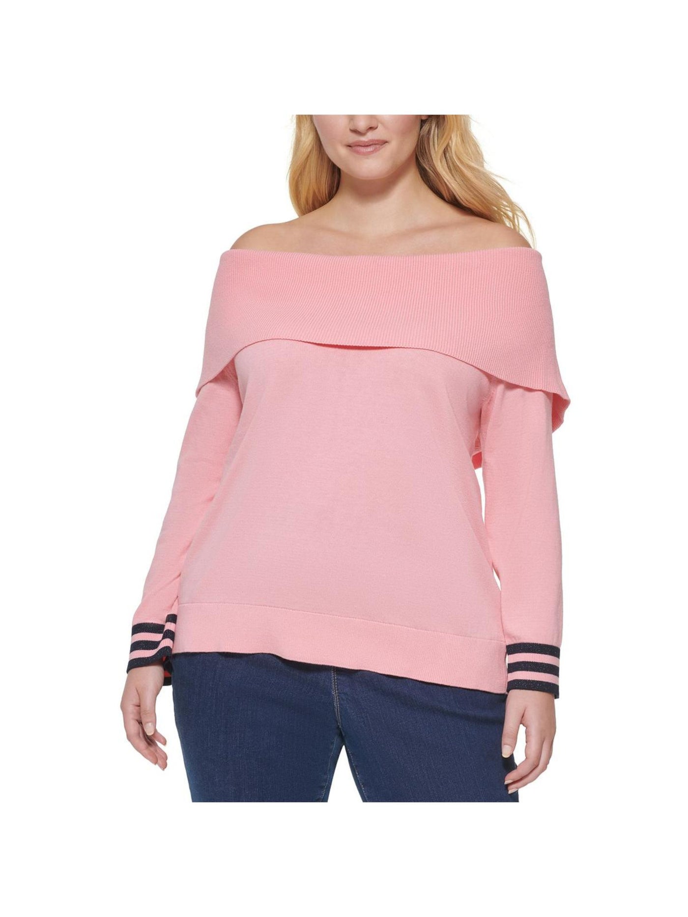 TOMMY HILFIGER Womens Pink Knit Glitter Ribbed Embroidered Logo Striped Long Sleeve Off Shoulder Sweater Plus 0X