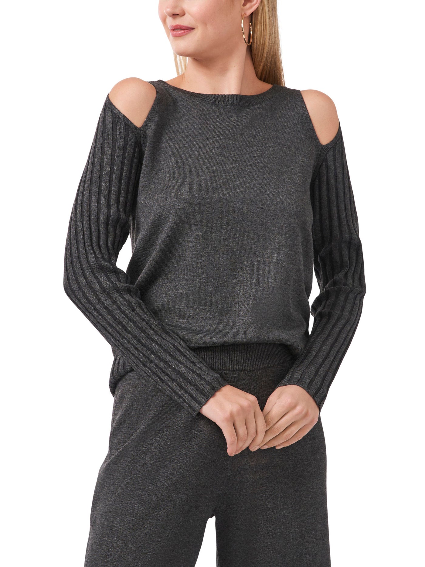 VINCE CAMUTO Womens Gray Stretch Ribbed Cold Shoulder Mixed Textured Long Sleeve Crew Neck Sweater L