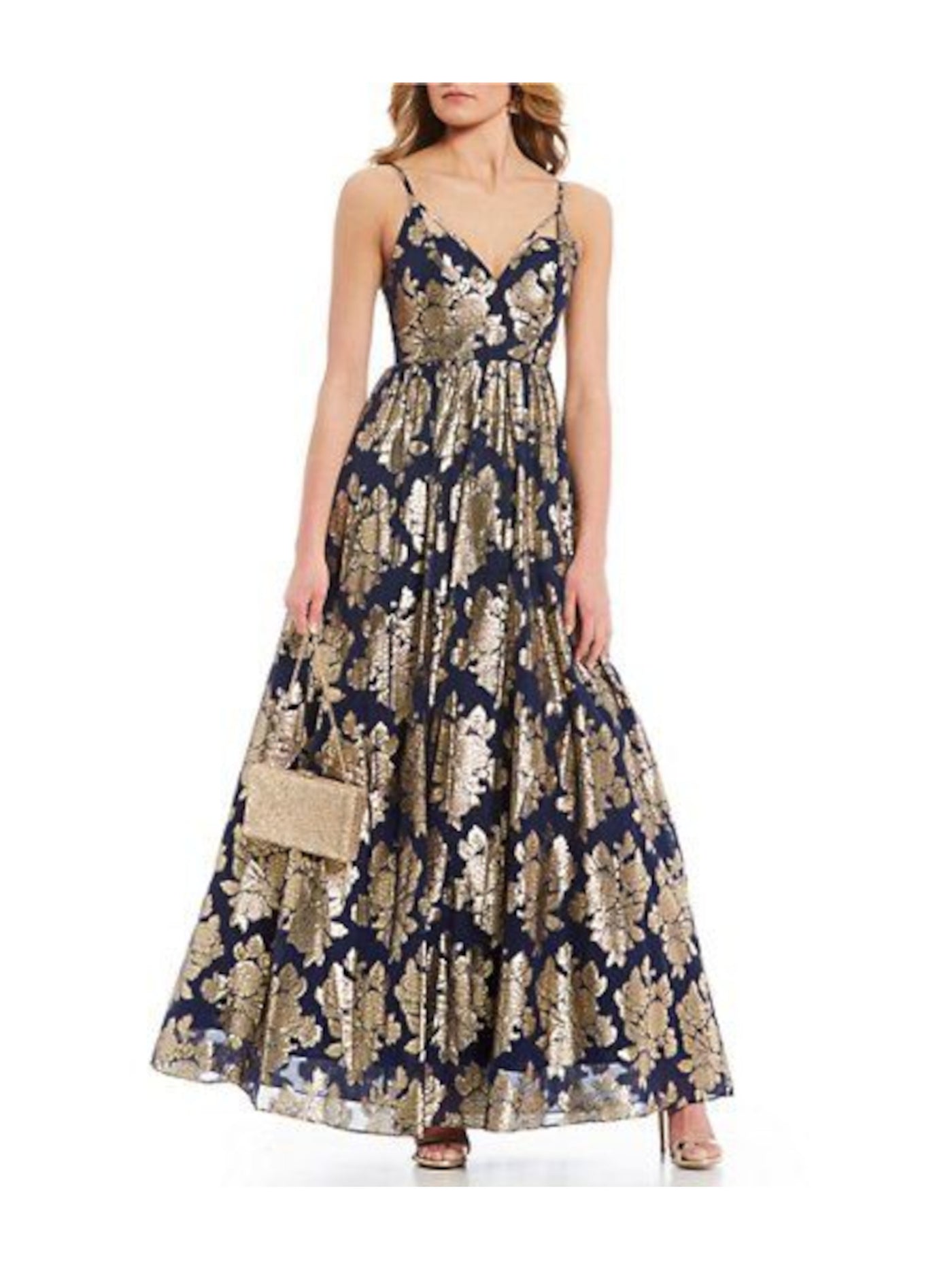 DEAR MOON Womens Navy Metallic Zippered Cut Out Sheer Lined Floral Spaghetti Strap Sweetheart Neckline Full-Length Prom Fit + Flare Dress 0