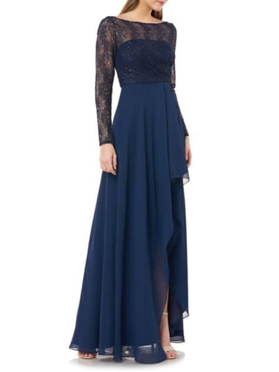 CARMEN MARC VALVO Womens Lace Sequined Ruffled Long Sleeve Boat Neck Maxi Formal Dress