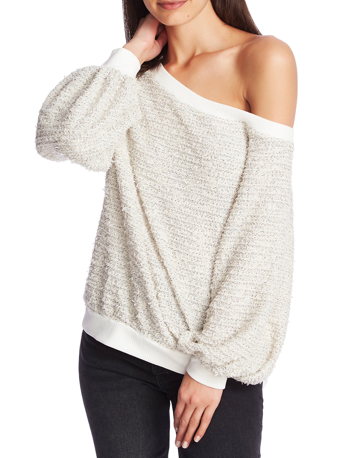 1. STATE Womens Ivory Textured Long Sleeve Off Shoulder Sweater M